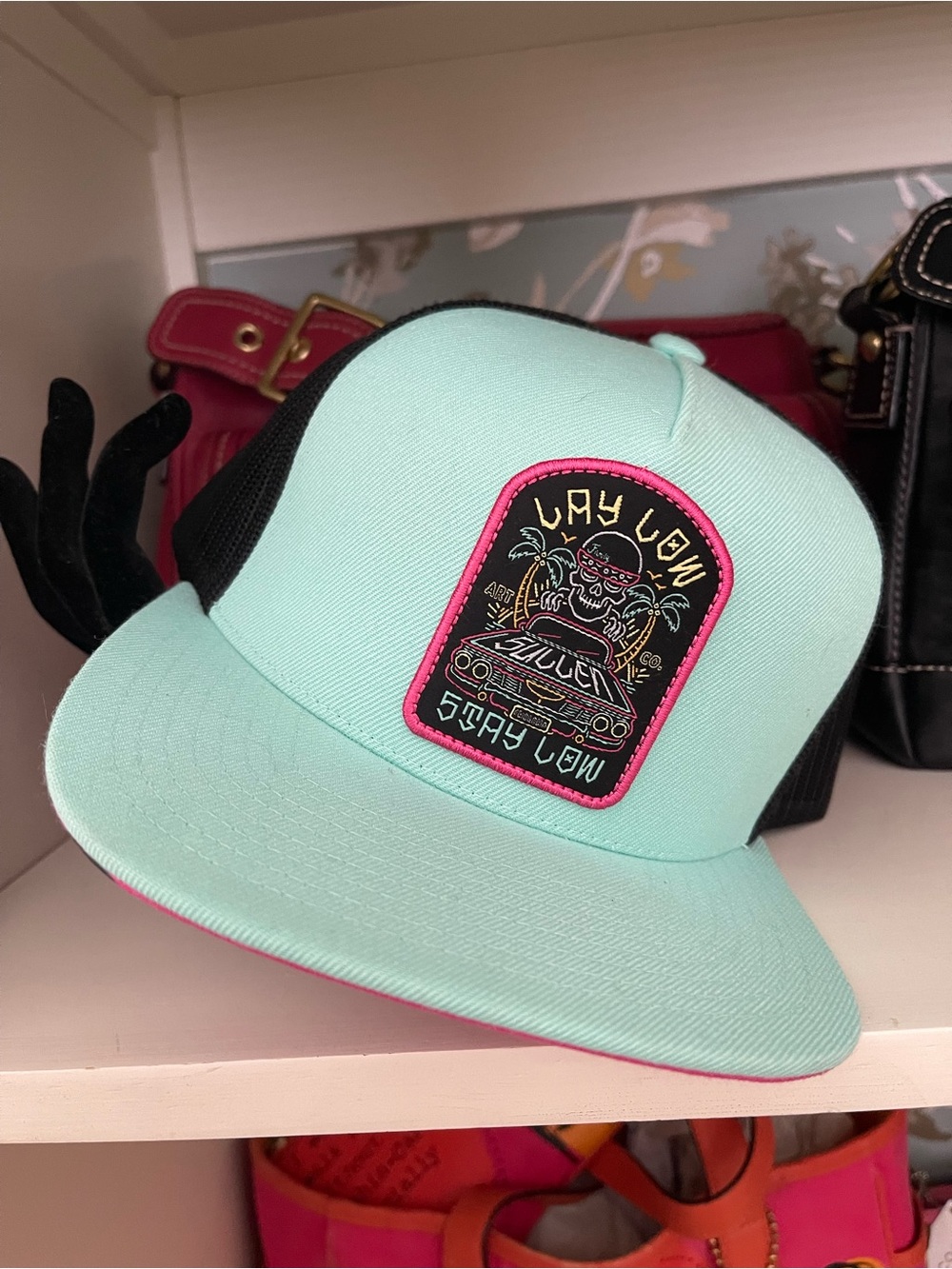 Sullen Mint Green Trucker Hat with Pink Trim - Stay Low Patch